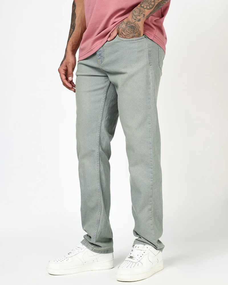 بيواكوف Men's Grey  Washed Slim Straight Fit Stretchable Mid-Rise Jeans